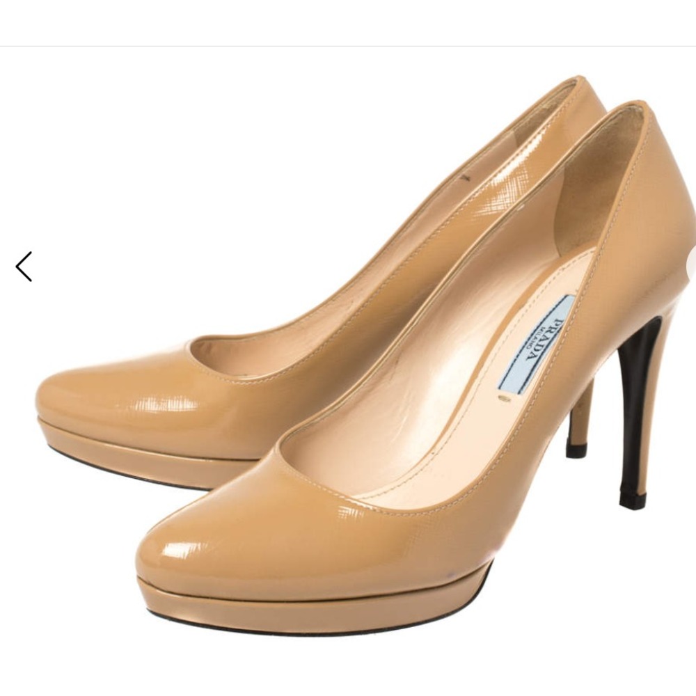 Prada Women's Saffiano Patent Leather Beige Nude Platform Pumps Heels 38 & 38.5